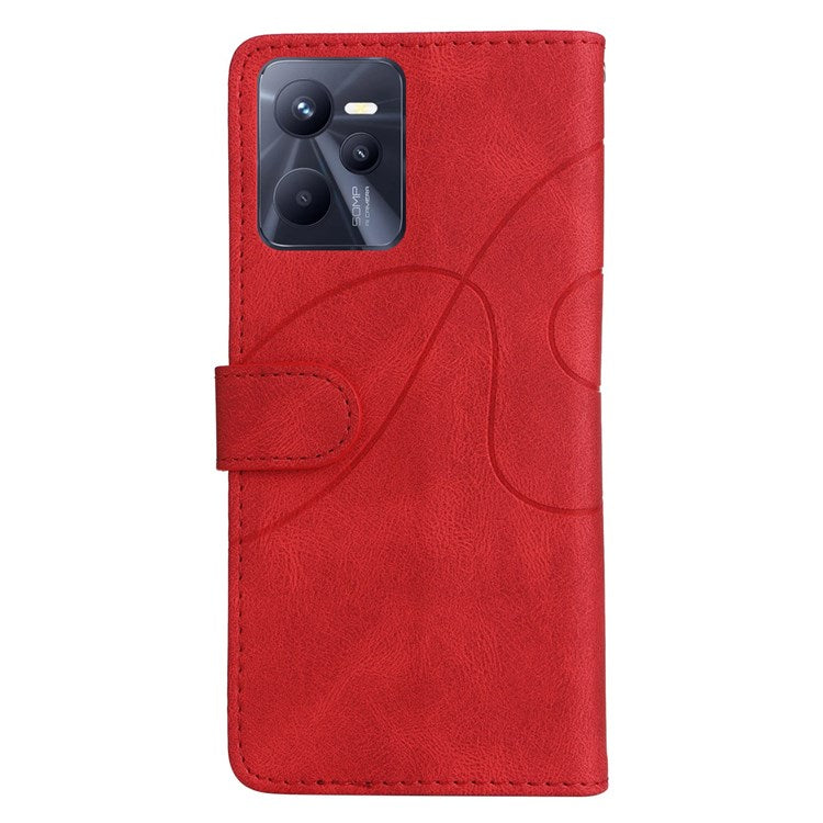 For Realme C35 4G Dual-color Splicing PU Leather Well-protected Folio Flip Wallet Style Phone Case Stand Shell with Strap - Red