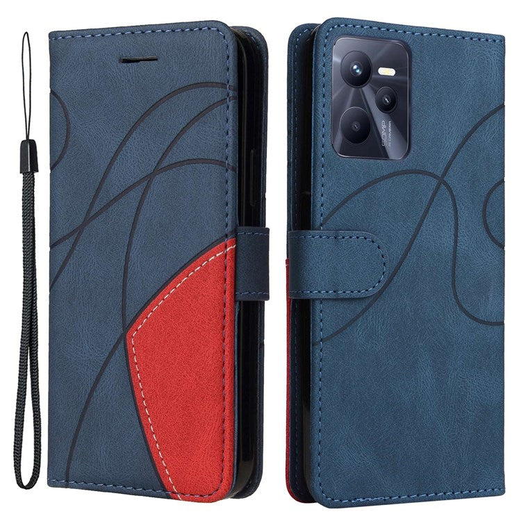For Realme C35 4G Dual-color Splicing PU Leather Well-protected Folio Flip Wallet Style Phone Case Stand Shell with Strap - Blue