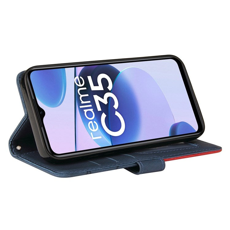 For Realme C35 4G Dual-color Splicing PU Leather Well-protected Folio Flip Wallet Style Phone Case Stand Shell with Strap - Blue