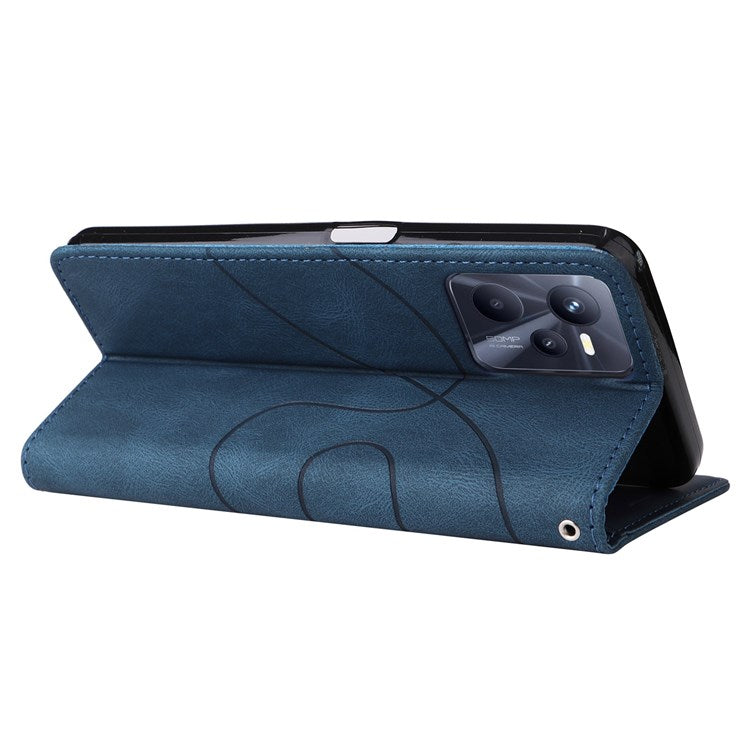 For Realme C35 4G Dual-color Splicing PU Leather Well-protected Folio Flip Wallet Style Phone Case Stand Shell with Strap - Blue