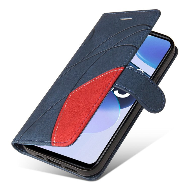 For Realme C35 4G Dual-color Splicing PU Leather Well-protected Folio Flip Wallet Style Phone Case Stand Shell with Strap - Blue