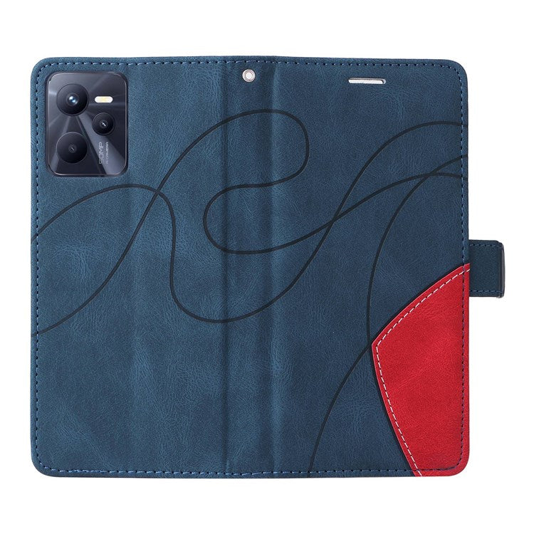 For Realme C35 4G Dual-color Splicing PU Leather Well-protected Folio Flip Wallet Style Phone Case Stand Shell with Strap - Blue