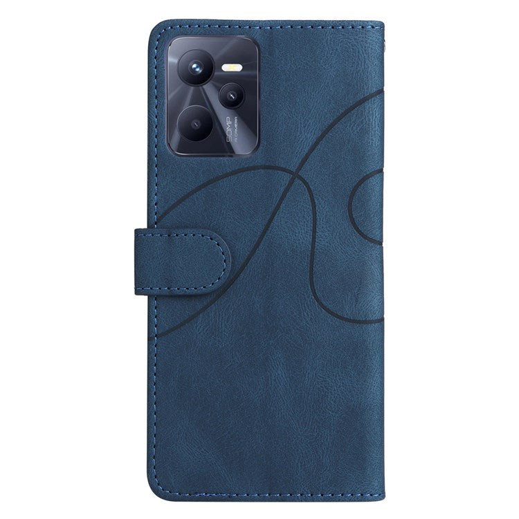 For Realme C35 4G Dual-color Splicing PU Leather Well-protected Folio Flip Wallet Style Phone Case Stand Shell with Strap - Blue