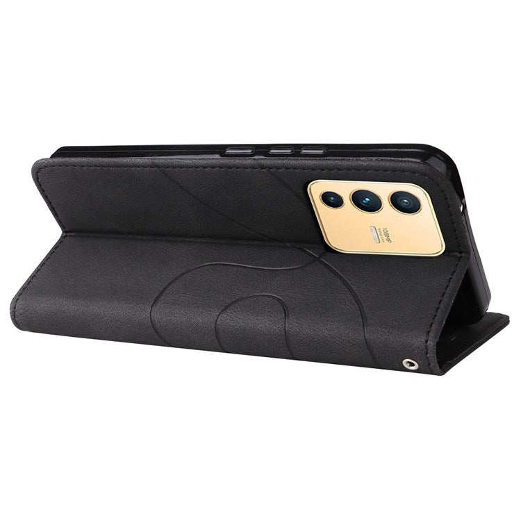 For vivo V23 5G Dual-color Splicing PU Leather Anti-drop Anti-scratch Wallet Function Mobile Phone Case Stand Shell with Strap - Black