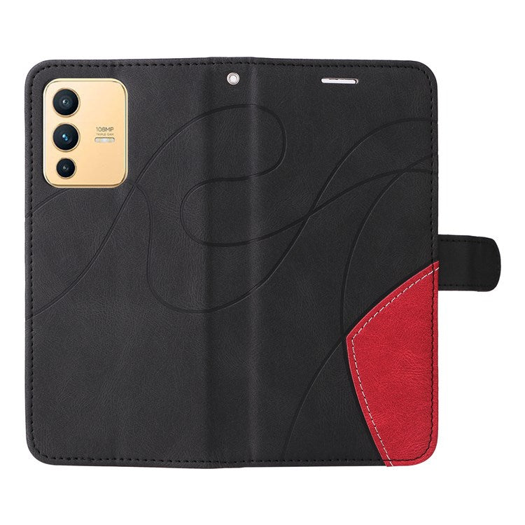 For vivo V23 5G Dual-color Splicing PU Leather Anti-drop Anti-scratch Wallet Function Mobile Phone Case Stand Shell with Strap - Black