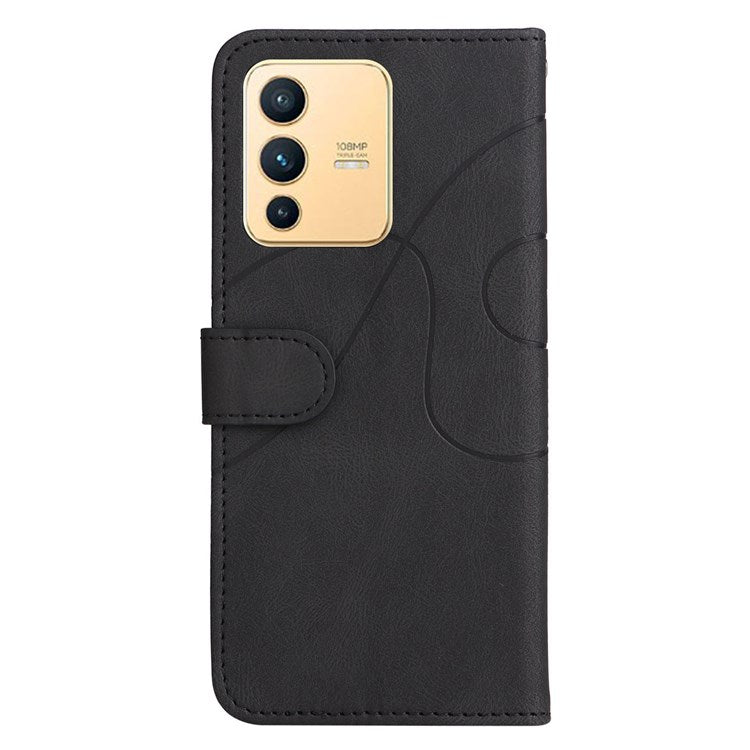 For vivo V23 5G Dual-color Splicing PU Leather Anti-drop Anti-scratch Wallet Function Mobile Phone Case Stand Shell with Strap - Black