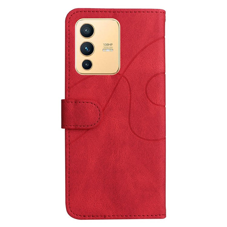 For vivo V23 5G Dual-color Splicing PU Leather Anti-drop Anti-scratch Wallet Function Mobile Phone Case Stand Shell with Strap - Red