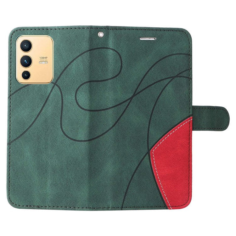 For vivo V23 5G Dual-color Splicing PU Leather Anti-drop Anti-scratch Wallet Function Mobile Phone Case Stand Shell with Strap - Green