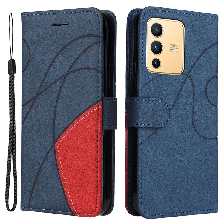 For vivo V23 5G Dual-color Splicing PU Leather Anti-drop Anti-scratch Wallet Function Mobile Phone Case Stand Shell with Strap - Blue