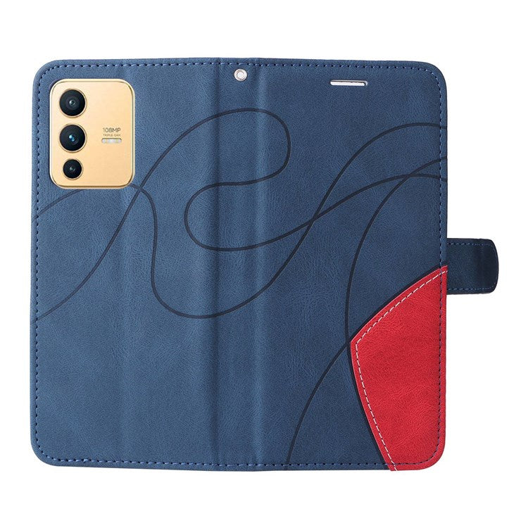 For vivo V23 5G Dual-color Splicing PU Leather Anti-drop Anti-scratch Wallet Function Mobile Phone Case Stand Shell with Strap - Blue