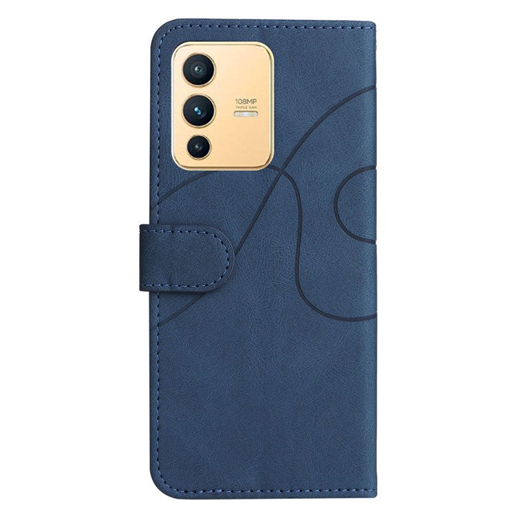 For vivo V23 5G Dual-color Splicing PU Leather Anti-drop Anti-scratch Wallet Function Mobile Phone Case Stand Shell with Strap - Blue