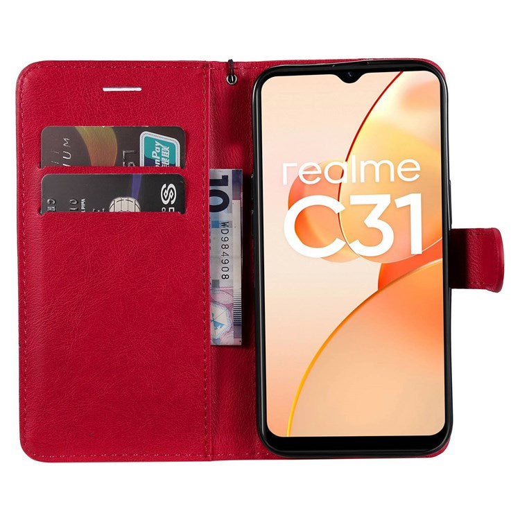 KT Leather Series-2 Leather Stand Phone Casing for Realme C31, Wallet Design Leather Phone Case with Handy Strap - Red