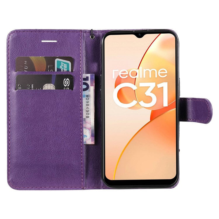 KT Leather Series-2 Leather Stand Phone Casing for Realme C31, Wallet Design Leather Phone Case with Handy Strap - Purple