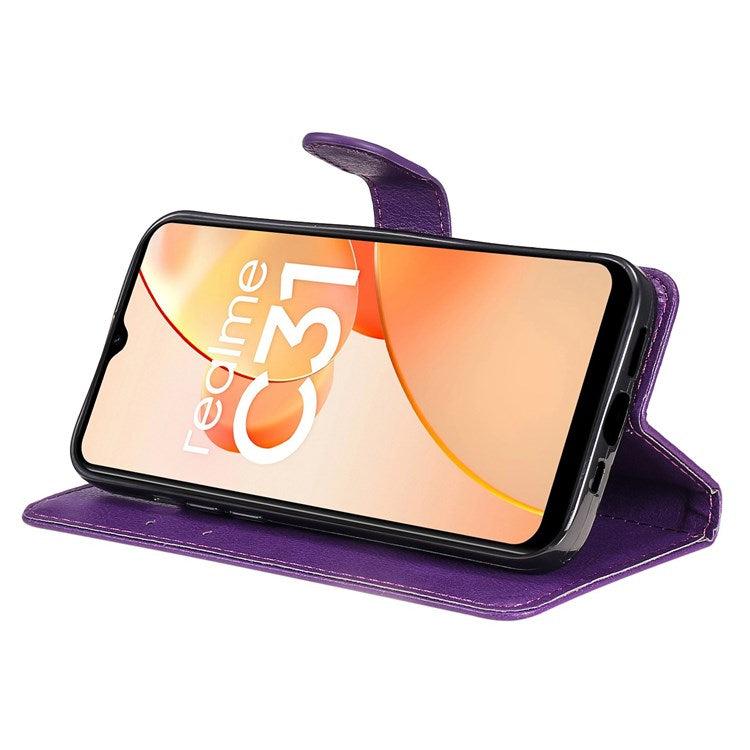 KT Leather Series-2 Leather Stand Phone Casing for Realme C31, Wallet Design Leather Phone Case with Handy Strap - Purple