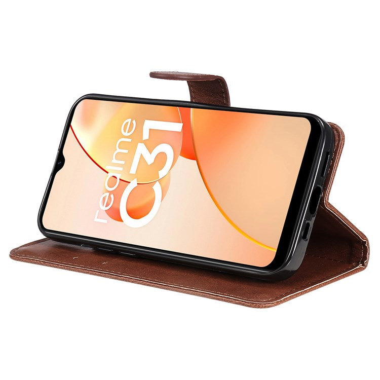 KT Leather Series-2 Leather Stand Phone Casing for Realme C31, Wallet Design Leather Phone Case with Handy Strap - Brown
