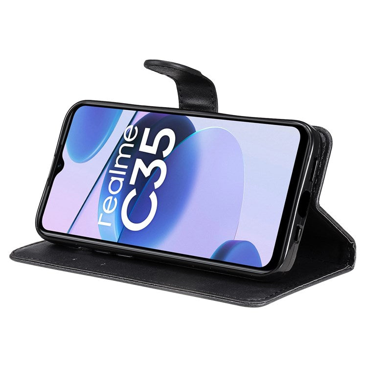 KT Leather Series-2 Solid Color PU Leather Wallet Case for Realme C35, Foldable Stand Cover with Hand Strap - Black