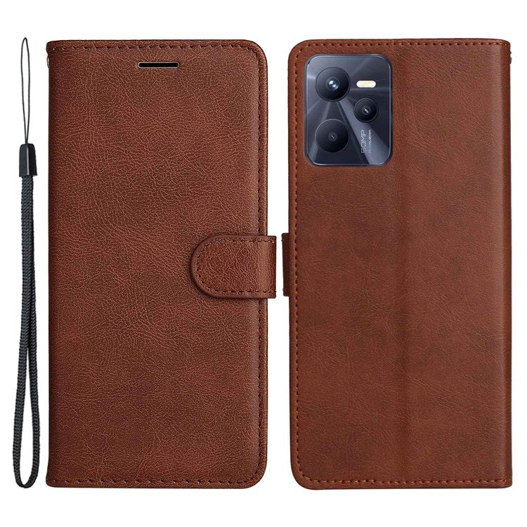 KT Leather Series-2 Solid Color PU Leather Wallet Case for Realme C35, Foldable Stand Cover with Hand Strap - Brown