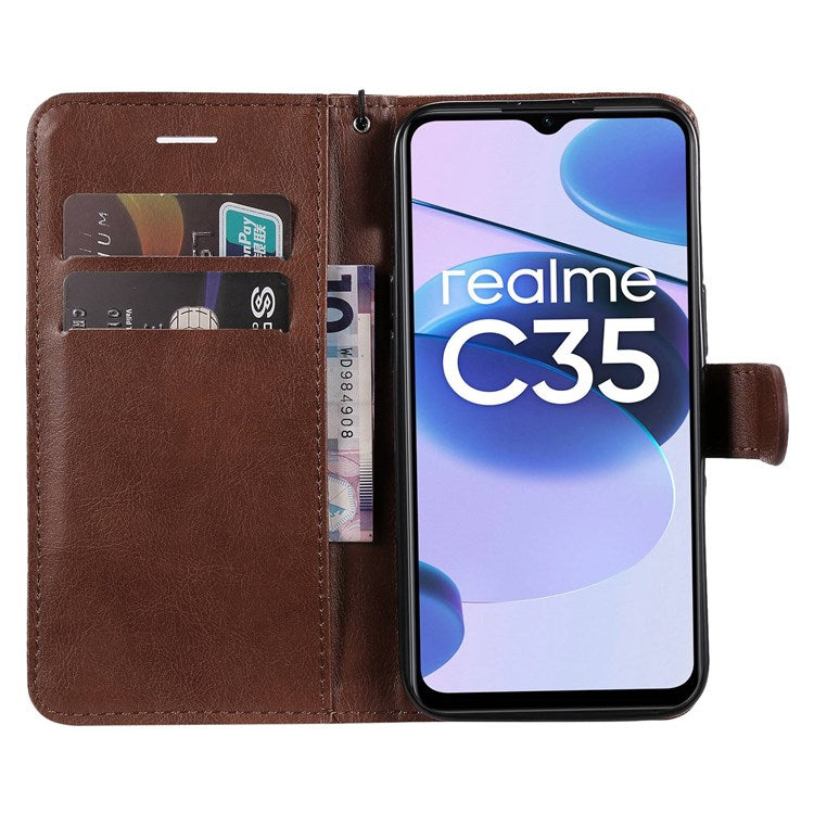 KT Leather Series-2 Solid Color PU Leather Wallet Case for Realme C35, Foldable Stand Cover with Hand Strap - Brown