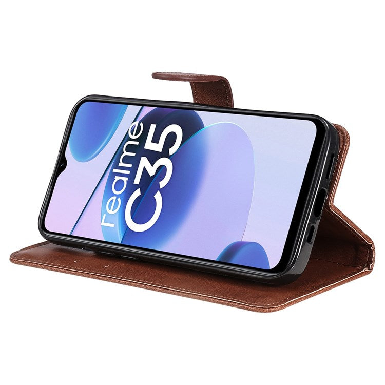 KT Leather Series-2 Solid Color PU Leather Wallet Case for Realme C35, Foldable Stand Cover with Hand Strap - Brown