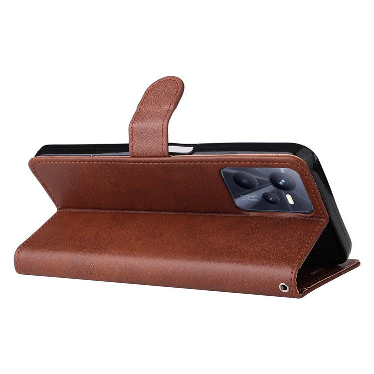 KT Leather Series-2 Solid Color PU Leather Wallet Case for Realme C35, Foldable Stand Cover with Hand Strap - Brown