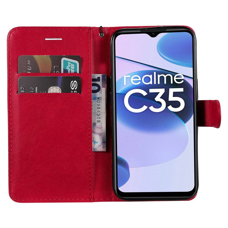 KT Leather Series-2 Solid Color PU Leather Wallet Case for Realme C35, Foldable Stand Cover with Hand Strap - Red