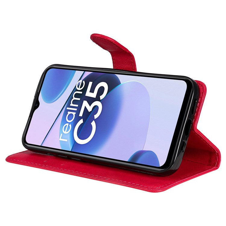KT Leather Series-2 Solid Color PU Leather Wallet Case for Realme C35, Foldable Stand Cover with Hand Strap - Red
