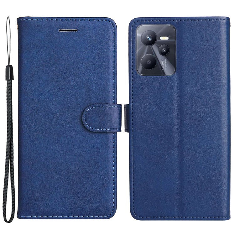 KT Leather Series-2 Solid Color PU Leather Wallet Case for Realme C35, Foldable Stand Cover with Hand Strap - Blue