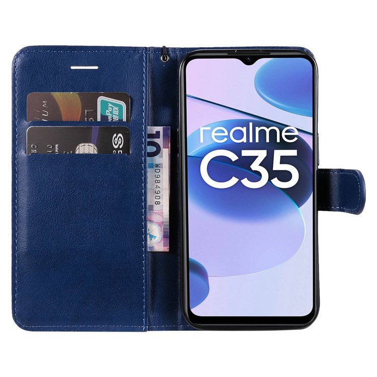 KT Leather Series-2 Solid Color PU Leather Wallet Case for Realme C35, Foldable Stand Cover with Hand Strap - Blue