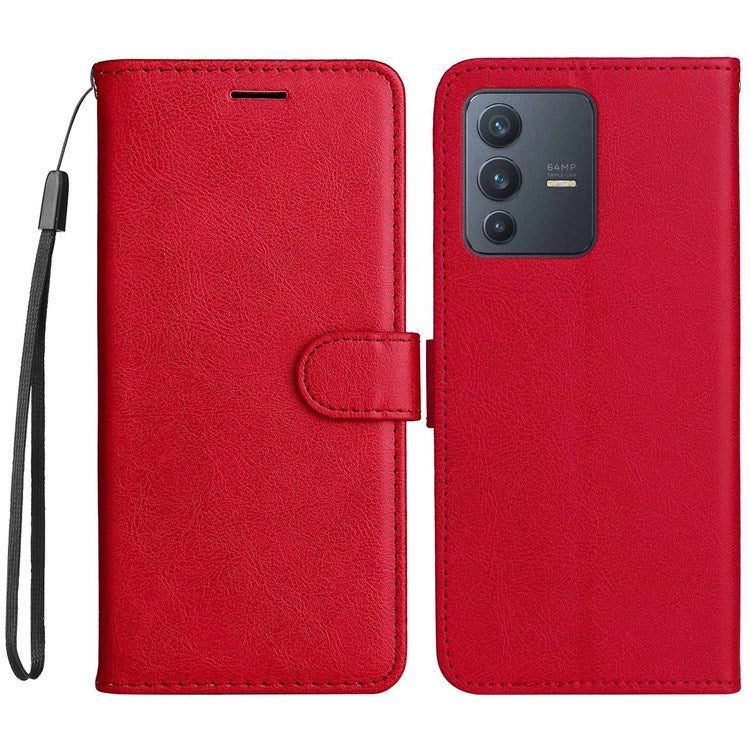 KT Leather Series-2 Leather Stand Phone Casing for vivo V23 5G, Magnetic Clasp Design Leather Wallet Phone Case with Handy Strap - Red