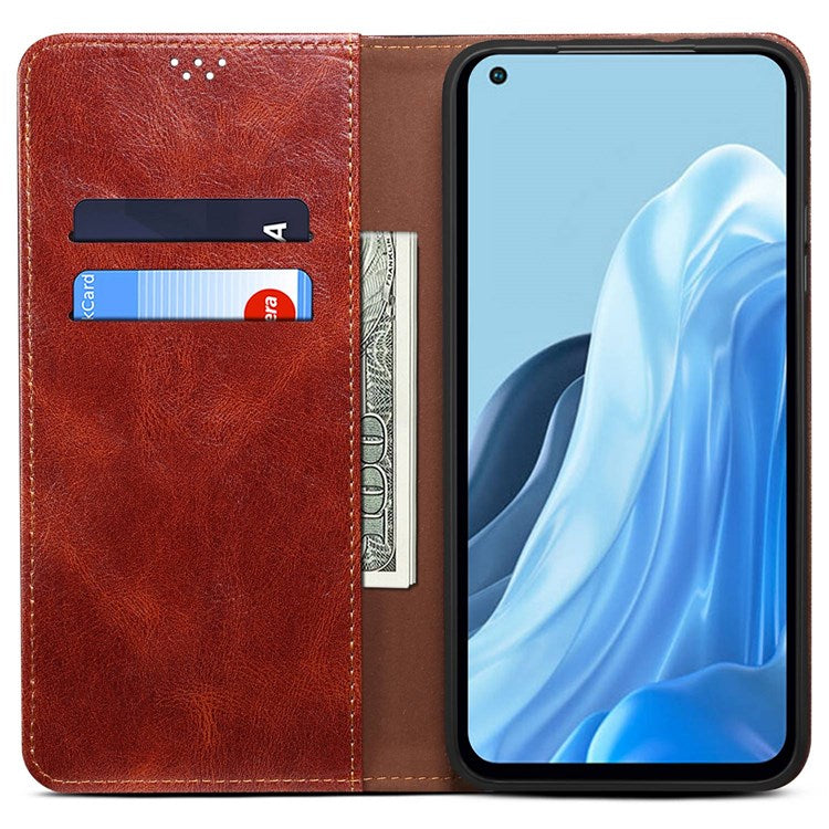 Waxy Crazy Horse Texture Case for Oppo Reno7 4G/F21 Pro 4G, Magnetic Auto-absorbed Shockproof Stand Wallet Style Leather Mobile Phone Cover - Brown
