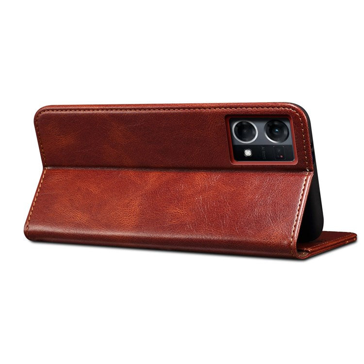 Waxy Crazy Horse Texture Case for Oppo Reno7 4G/F21 Pro 4G, Magnetic Auto-absorbed Shockproof Stand Wallet Style Leather Mobile Phone Cover - Brown