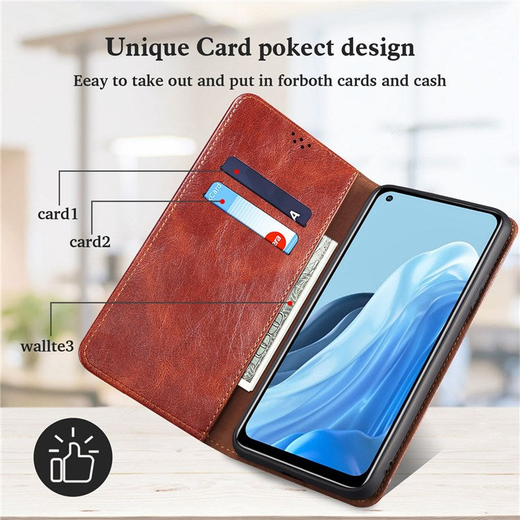 Waxy Crazy Horse Texture Case for Oppo Reno7 4G/F21 Pro 4G, Magnetic Auto-absorbed Shockproof Stand Wallet Style Leather Mobile Phone Cover - Brown