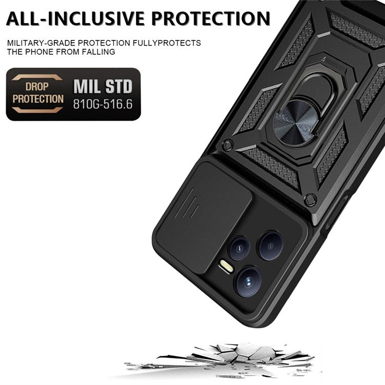 For Realme C35 Slide Camera Protection PC + TPU Ring Kickstand Case Anti-drop Phone Cover - Black