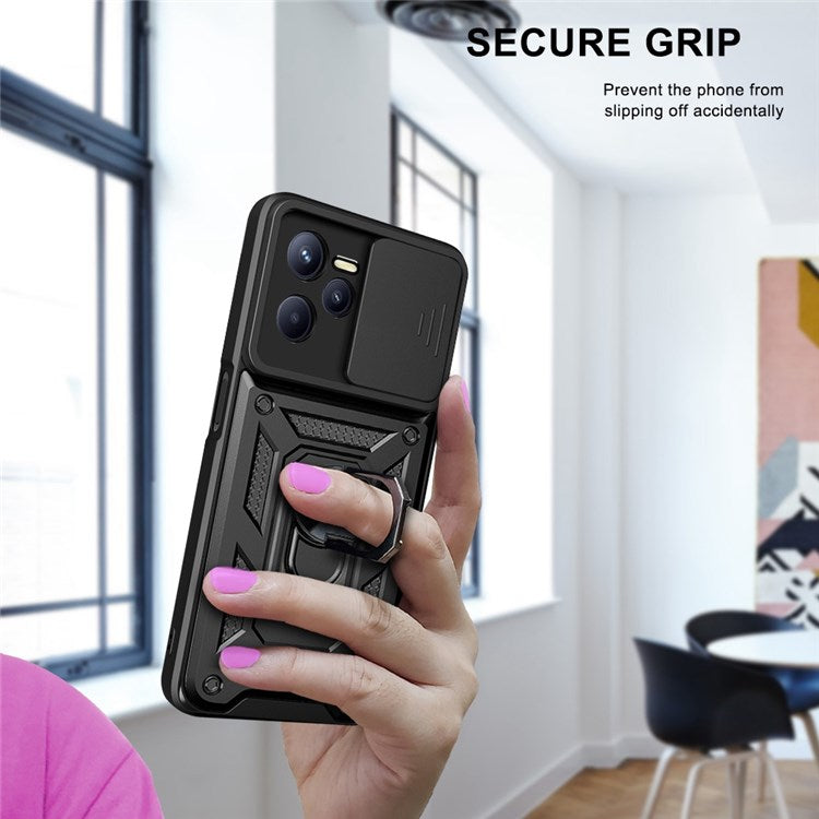 For Realme C35 Slide Camera Protection PC + TPU Ring Kickstand Case Anti-drop Phone Cover - Black