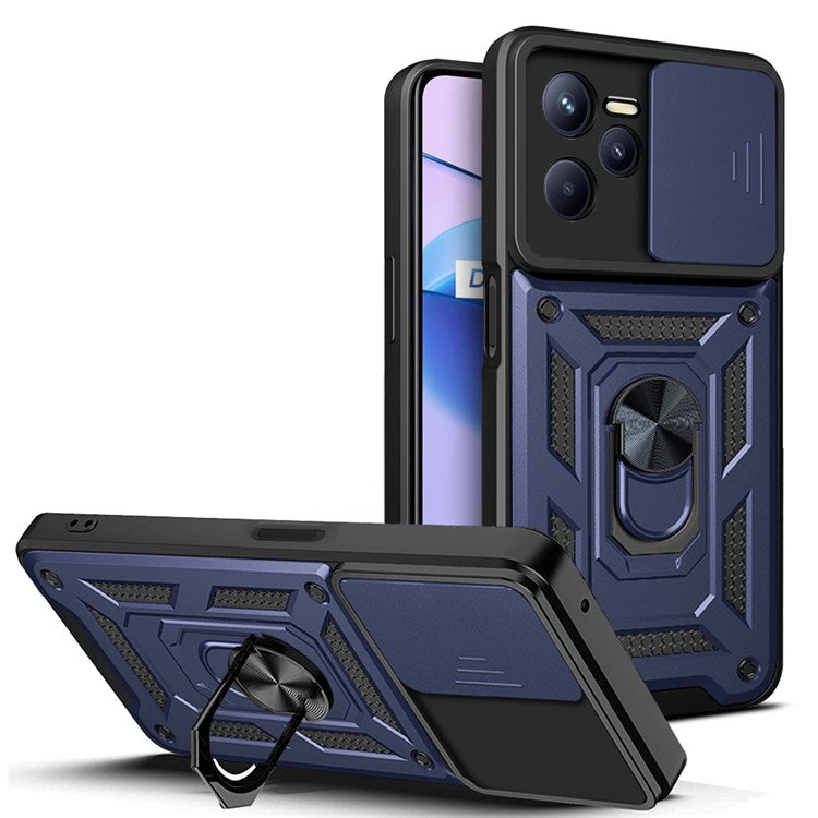 For Realme C35 Slide Camera Protection PC + TPU Ring Kickstand Case Anti-drop Phone Cover - Blue