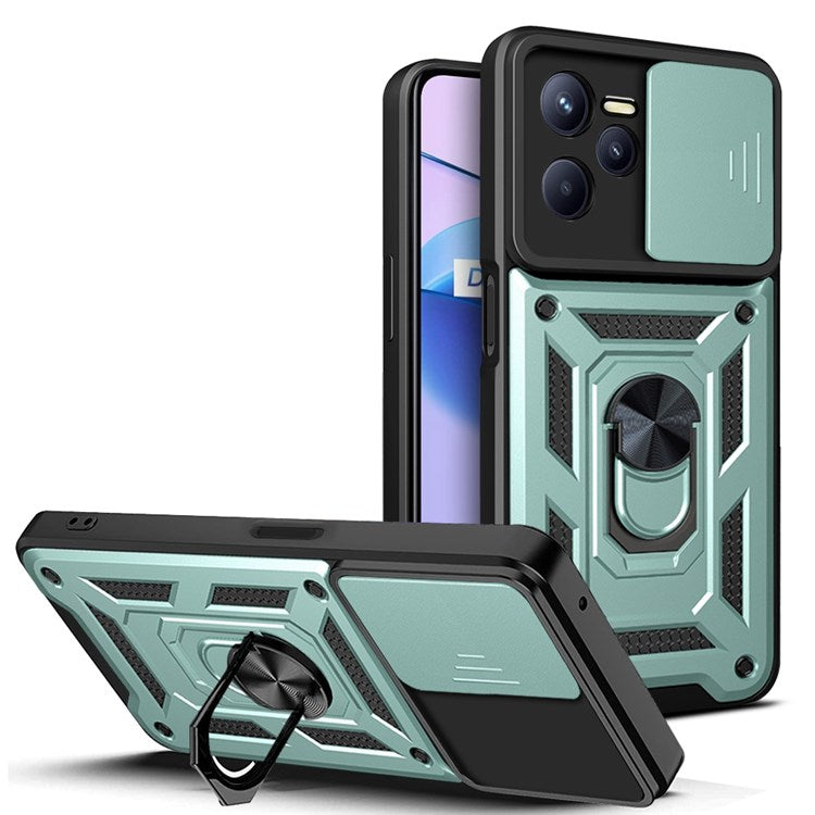 For Realme C35 Slide Camera Protection PC + TPU Ring Kickstand Case Anti-drop Phone Cover - Green