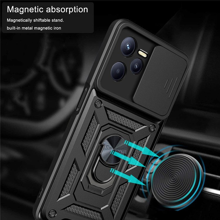 For Realme C35 Slide Camera Protection PC + TPU Ring Kickstand Case Anti-drop Phone Cover - Green