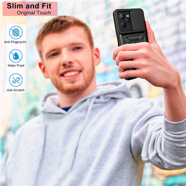 For Realme C35 Slide Camera Protection PC + TPU Ring Kickstand Case Anti-drop Phone Cover - Green