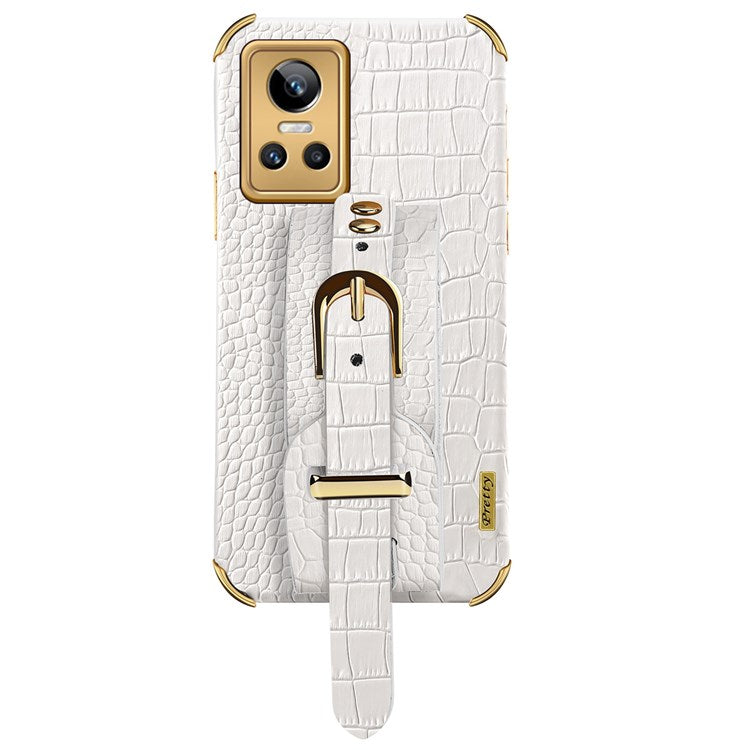 Electroplating Crocodile Texture Anti-scratch Phone Case for Realme GT Neo3, Precise Cutout PU Leather Coated TPU Shell with Hand Strap Kickstand - White