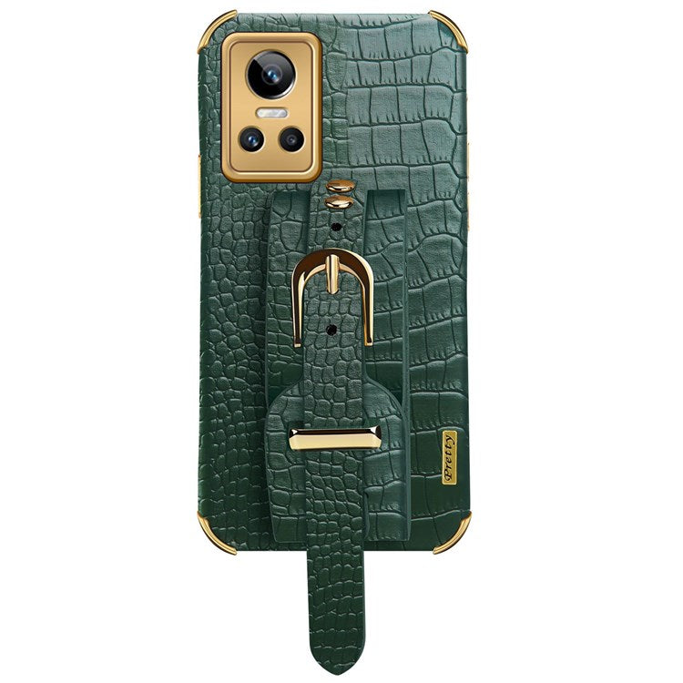 Electroplating Crocodile Texture Anti-scratch Phone Case for Realme GT Neo3, Precise Cutout PU Leather Coated TPU Shell with Hand Strap Kickstand - Green