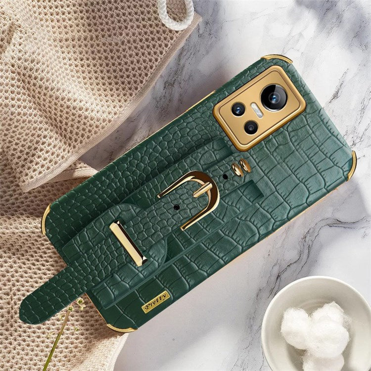 Electroplating Crocodile Texture Anti-scratch Phone Case for Realme GT Neo3, Precise Cutout PU Leather Coated TPU Shell with Hand Strap Kickstand - Green