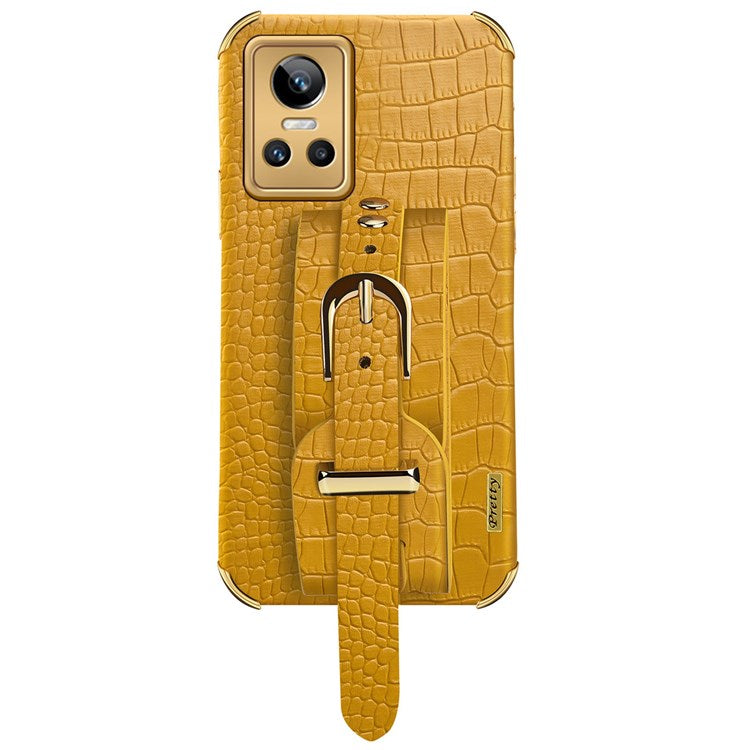 Electroplating Crocodile Texture Anti-scratch Phone Case for Realme GT Neo3, Precise Cutout PU Leather Coated TPU Shell with Hand Strap Kickstand - Yellow