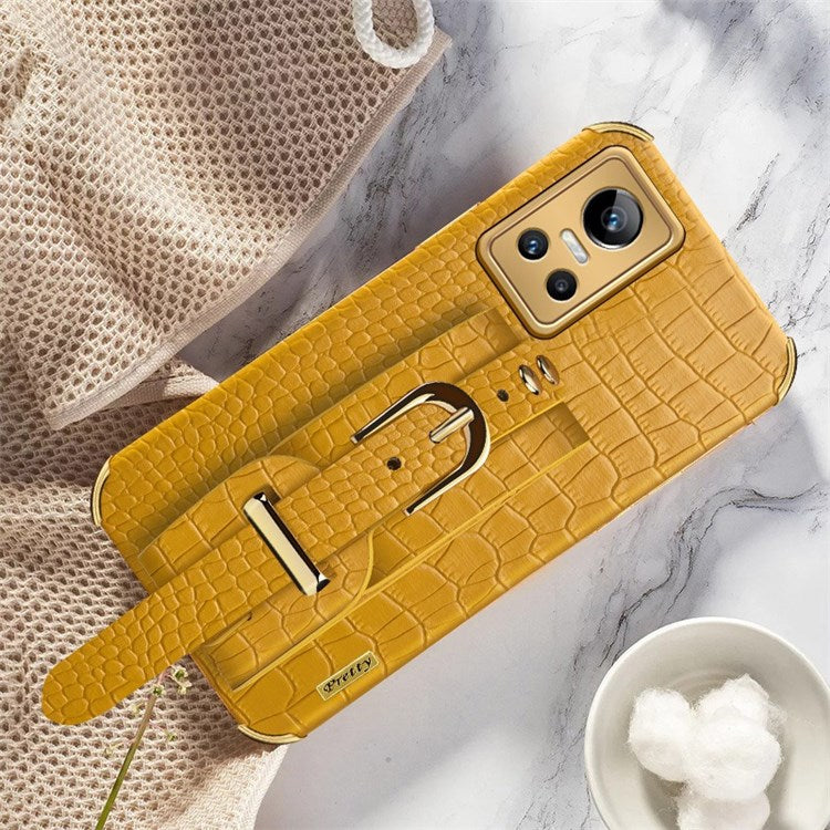 Electroplating Crocodile Texture Anti-scratch Phone Case for Realme GT Neo3, Precise Cutout PU Leather Coated TPU Shell with Hand Strap Kickstand - Yellow