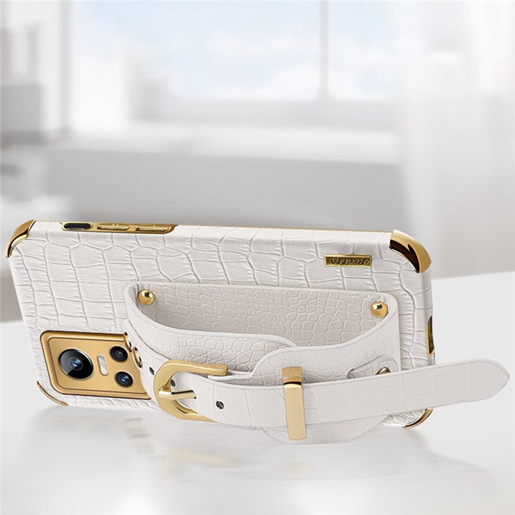 Electroplating Crocodile Texture Anti-scratch Phone Case for Realme GT Neo3, Precise Cutout PU Leather Coated TPU Shell with Hand Strap Kickstand - Yellow