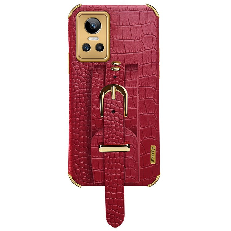Electroplating Crocodile Texture Anti-scratch Phone Case for Realme GT Neo3, Precise Cutout PU Leather Coated TPU Shell with Hand Strap Kickstand - Red