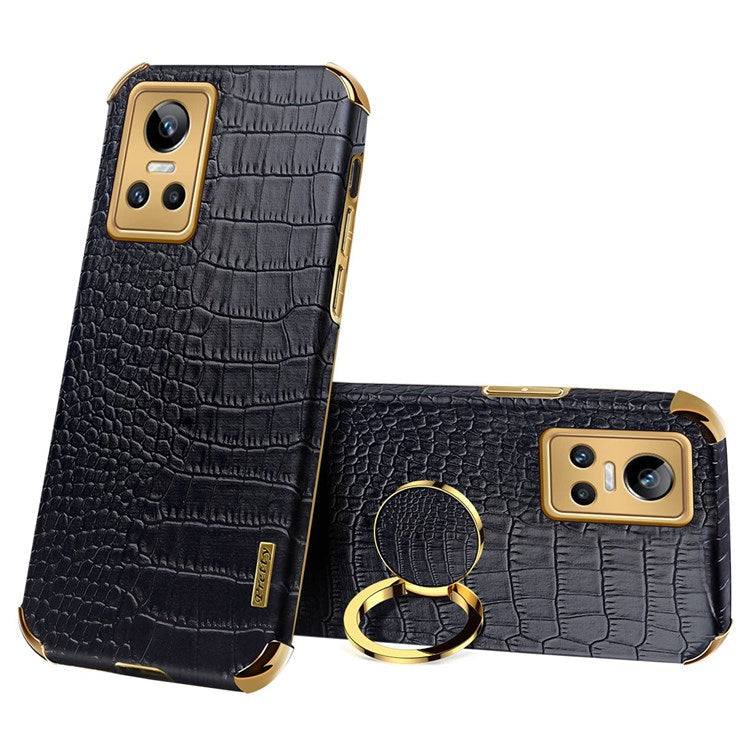 For Realme GT Neo3 Ring Holder Kickstand Case Crocodile Texture Leather Coated TPU 6D Electroplated Shockproof Protective Shell - Black