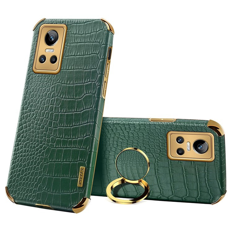 For Realme GT Neo3 Ring Holder Kickstand Case Crocodile Texture Leather Coated TPU 6D Electroplated Shockproof Protective Shell - Green