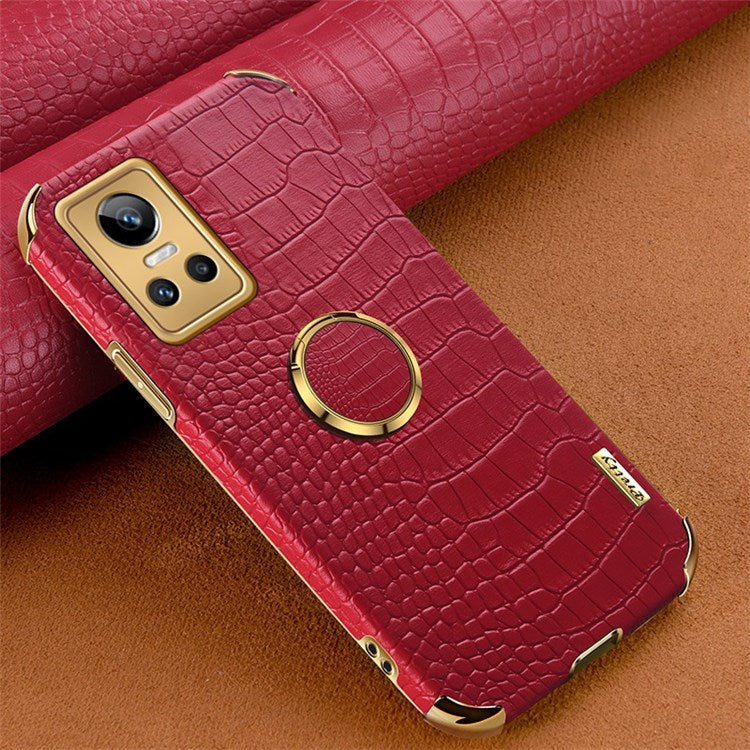 For Realme GT Neo3 Ring Holder Kickstand Case Crocodile Texture Leather Coated TPU 6D Electroplated Shockproof Protective Shell - Red