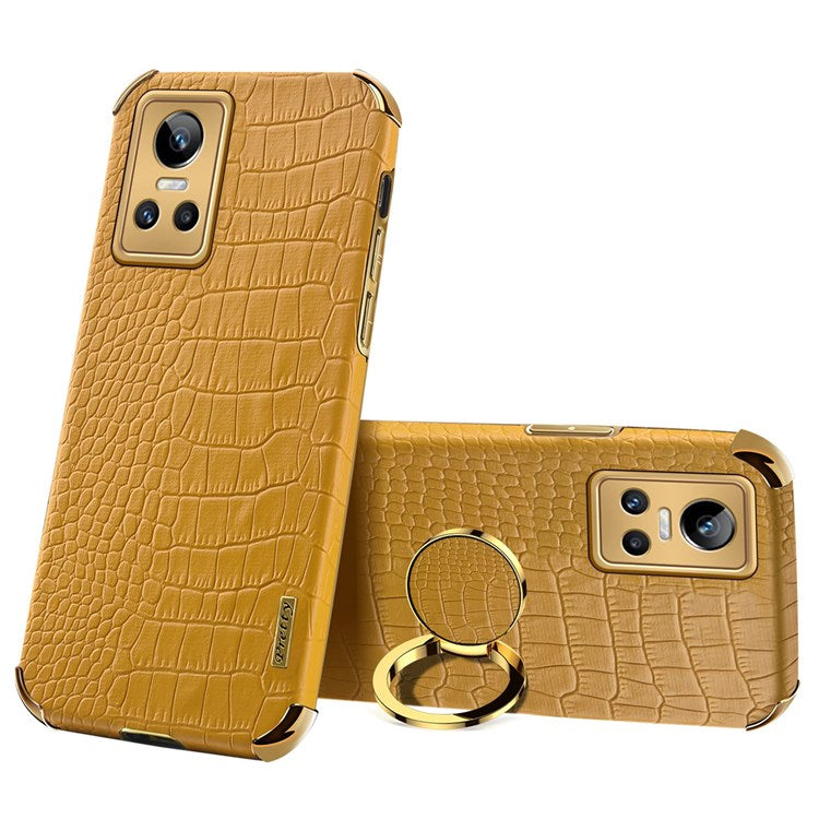 For Realme GT Neo3 Ring Holder Kickstand Case Crocodile Texture Leather Coated TPU 6D Electroplated Shockproof Protective Shell - Yellow