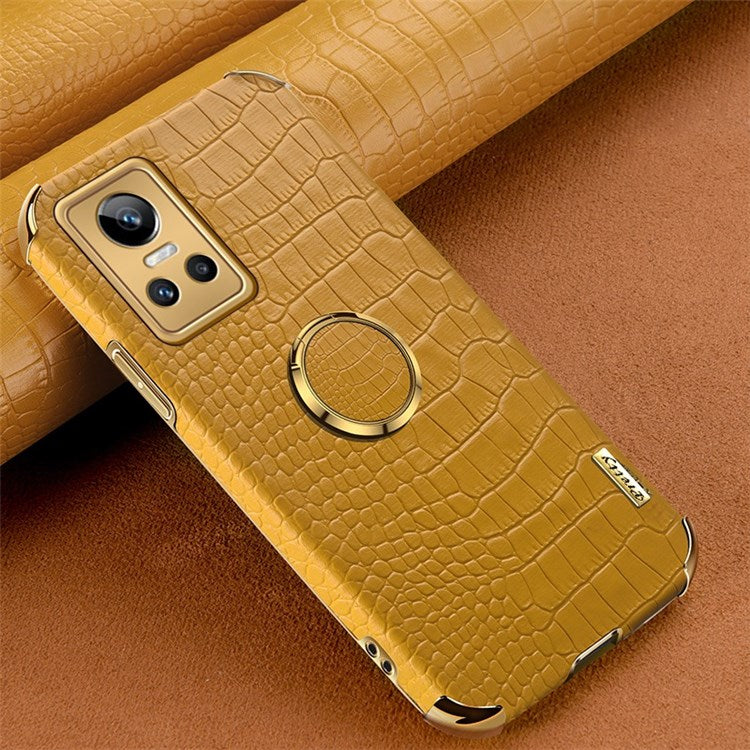 For Realme GT Neo3 Ring Holder Kickstand Case Crocodile Texture Leather Coated TPU 6D Electroplated Shockproof Protective Shell - Yellow